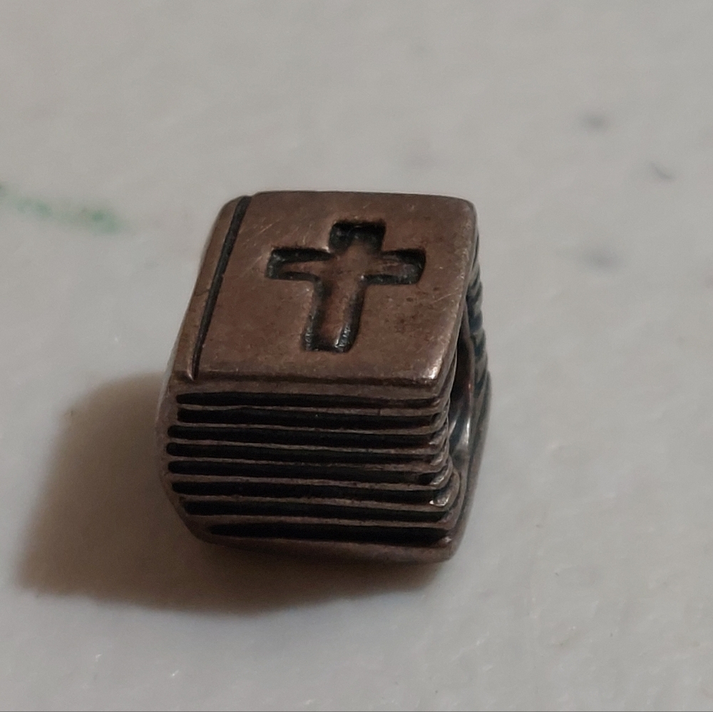 Pandora 925 ALE Sterling Silver Retired Bible Book Cross Faith Bead Charm 790261 - Picture 1 of 4